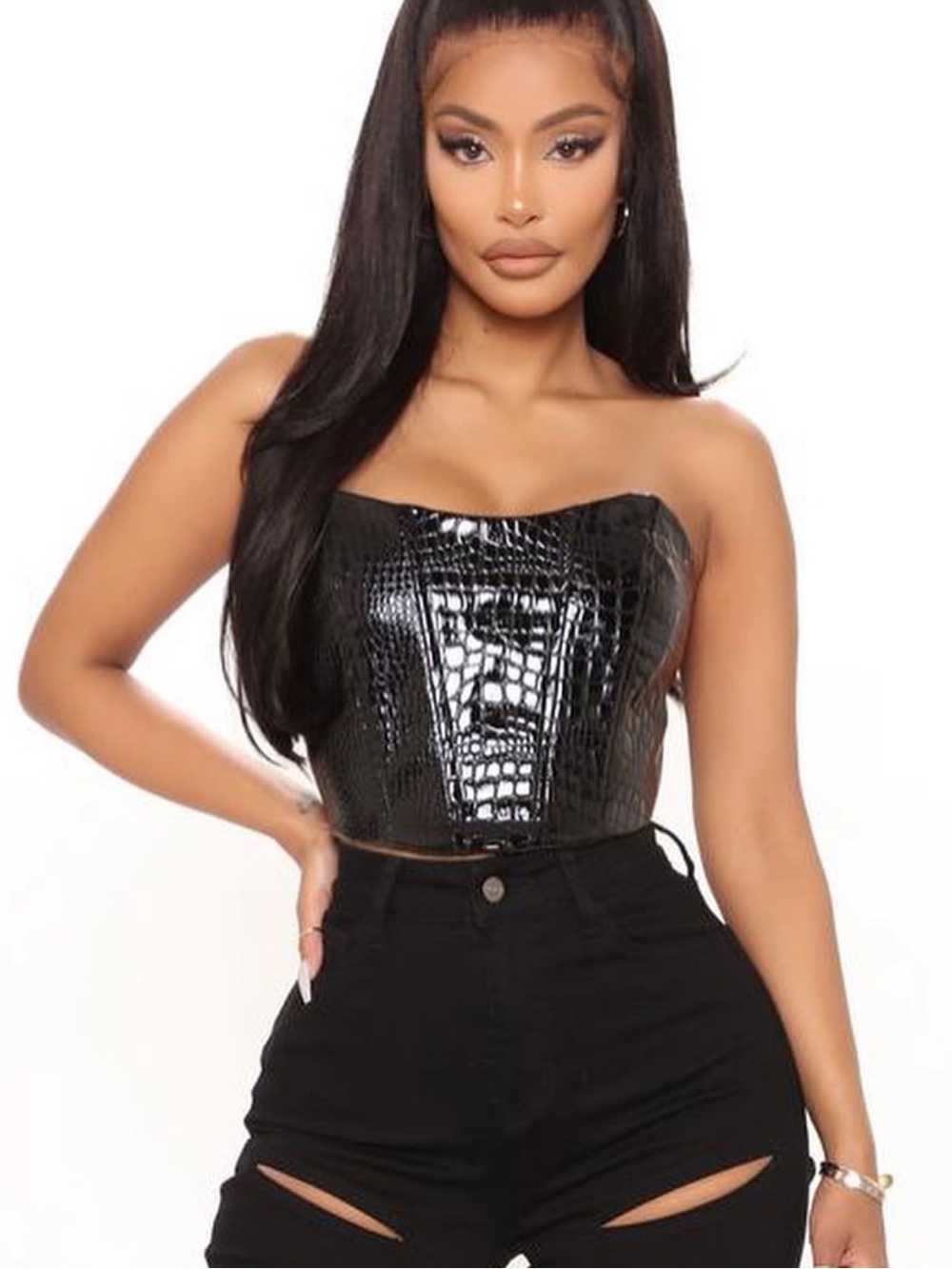 Fashion Nova Black Faux-Croc Strapless Bustier Crop Top
